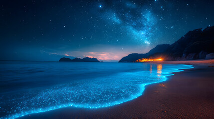 Night Beach Scene with Milky Way and Glowing Water