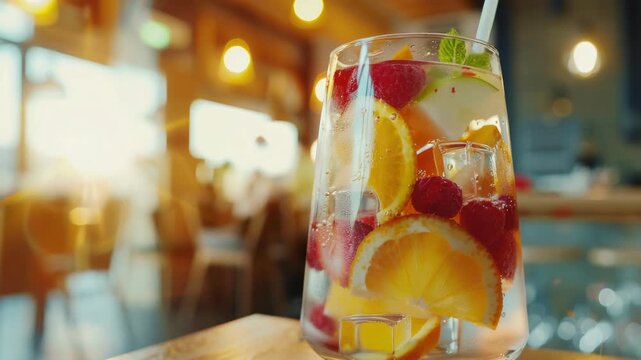 A glass of fruit juice with a straw in it. The juice is made with oranges and raspberries