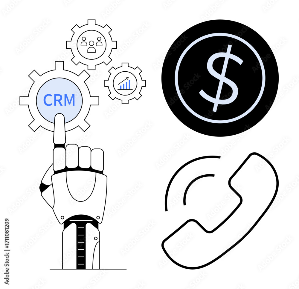 Aufkleber robotic hand pointing to crm gear surrounded by analytics and team icons, focusing on efficiency and