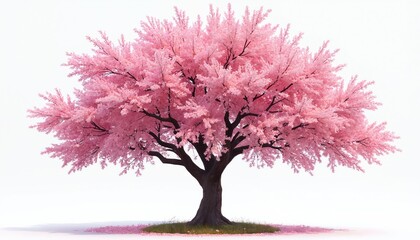 Pink cherry blossom tree with dark trunk and scattered petals on ground. Full bloom branches reach outwards creating full canopy against white backdrop.