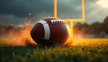 American football ball on green grass field. Warm, dramatic light makes sparks and dust fly around ball. Goalpost in background shows intense game action, power, competition, and sports energy.