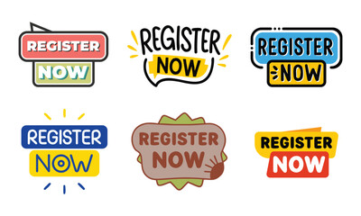 Collection of six vibrant and modern register now call to action graphic badges and stickers for online forms and websites