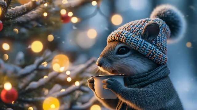 Adorable chipmunk in winter attire enjoying festive season