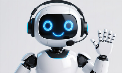 Friendly White Robot Waving with Blue Glowing Eyes and Headset on White