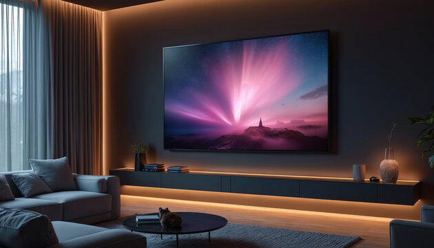 Modern living room with large wall mounted TV displaying colorful space art. Ambient LED lights create warm glow below entertainment console and behind curtains.