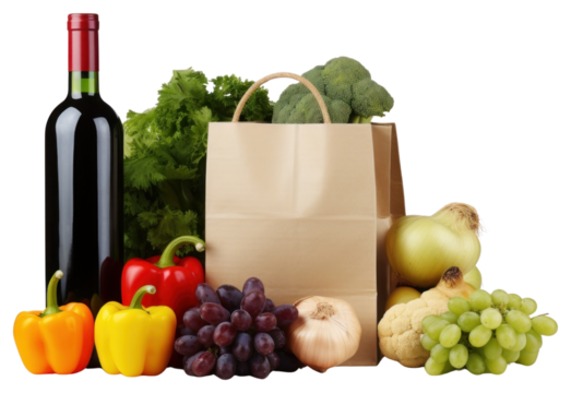 PNG Paper bag with fresh vegetables bottle fruit plant.