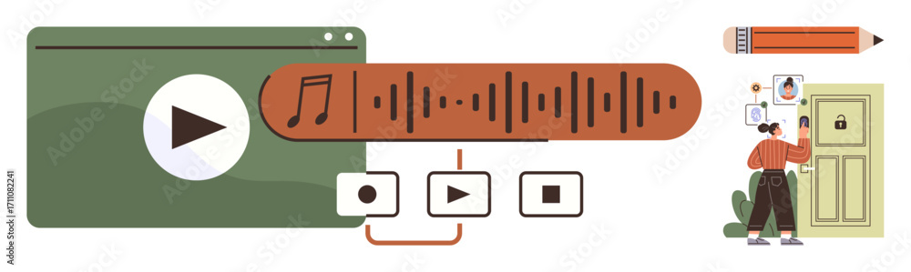 Aufkleber multimedia interface with play button, sound wave, and media controls. user at door solving puzzles.