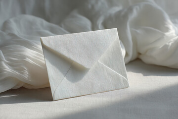 minimalist mail envelope featuring blurred white text bars highlighting ar address surrounded by soft fabric folds