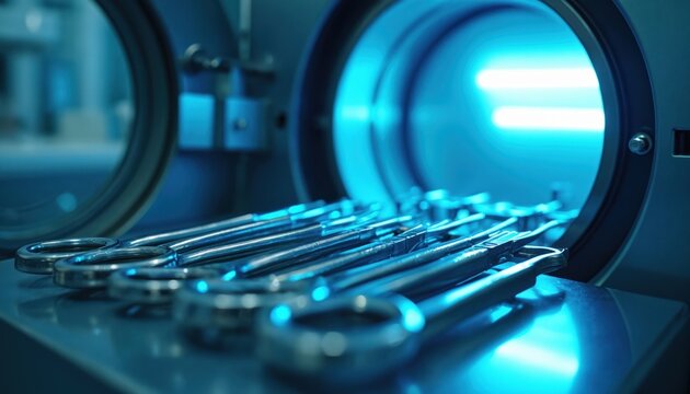 Medical instruments lie ready for sterilization inside autoclave chamber. Close up view of shiny surgical tools in a blue light medical cleanroom. Professional hygiene and safety protocol.
