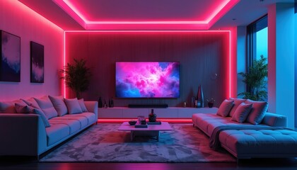 Modern living room with neon lights, futuristic decor. Bright red, blue neon strips illuminate room, accenting couches, coffee table, large TV screen. Plants add touch of green plants to space.