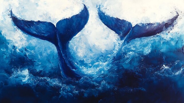 Artistic rendering of two whale tails emerging from the ocean with a swirling blue and white color palette