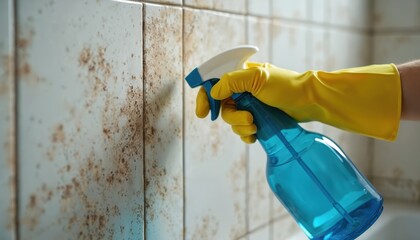 Person in yellow rubber glove sprays cleaner on heavily molded bathroom tiles. Remove black fungus, mildew from wall surface. Essential household maintenance task improves home hygiene sanitation,