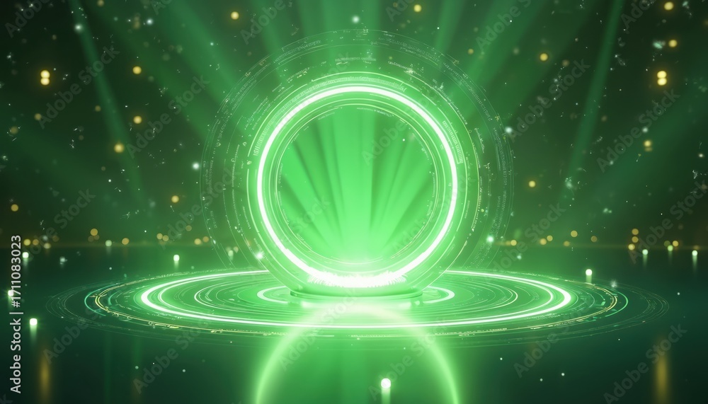 Poster futuristic green portal glowing on reflective surface with light rays. digital tech interface and bo