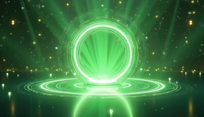 Futuristic green portal glowing on reflective surface with light rays. Digital tech interface and bokeh lights fill background. Abstract sci fi energy gate.