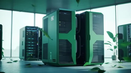 Green computing concept with powerful eco-friendly servers in a modern sustainable data center with falling leaves - Powered by Adobe