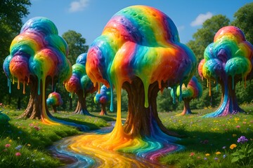 Surreal Ice Cream Forest Landscape with Rainbow Trees and Glowing Syrup Streams