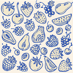 Cute Doodle Vector Set of Assorted Berries — Blue Ink Line Art Strawberries, Blueberries, Raspberries, and Cherries