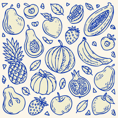 Hand-Drawn Vector Doodles of Assorted Fruits — Blue Ink Outline Apples, Bananas, Grapes, Pears, and Citrus