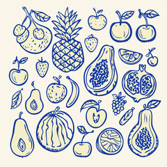Hand-Drawn Vector Doodles of Assorted Fruits — Blue Ink Outline Apples, Bananas, Grapes, Pears, and Citrus