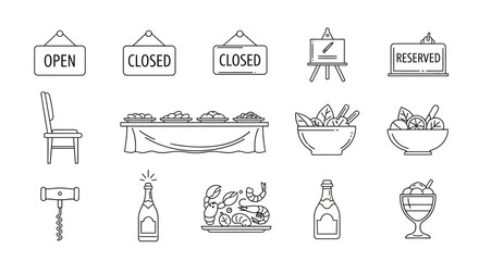 Collection of simple line art icons representing restaurant, catering, and party related items.