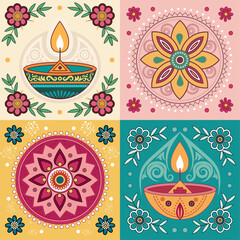 Colorful Diwali Diya Art Illustration &ndash; Decorative Oil Lamps with Floral and Festive Elements for Diwali greeting cards, festive invitations, posters, banners, social media etc