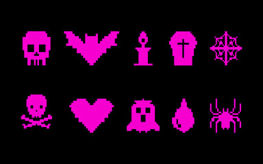 Y2K pixel icons in bright magenta on black. Two rows of 8-bit symbols: skull, bat, candle, tombstone, star emblem, skull & crossbones, heart, ghost, candle flame, spider.