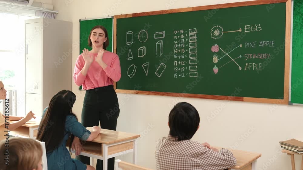 Poster smart teacher pointing blackboard while teacher explain about idea while looking at happy student. p