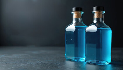 Two bottles hold blue mouthwash liquid in studio. Dark background supports dental product, clean glass bottle with cork cap. Concept for wellness, freshness, oral hygiene and health care.
