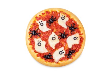 Margarita pizza with black olives in the form of spiders and mozzarella cheese in the form of ghosts for Halloween holidays on a white isolated background
