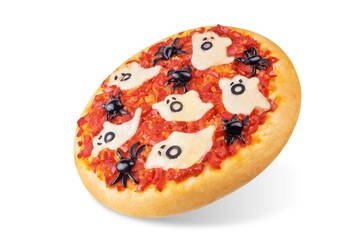Margarita pizza with black olives in the form of spiders and mozzarella cheese in the form of ghosts for Halloween holidays on a white isolated background