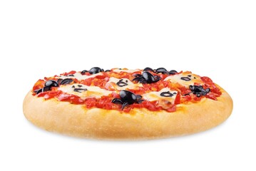 Margarita pizza with black olives in the form of spiders and mozzarella cheese in the form of ghosts for Halloween holidays on a white isolated background