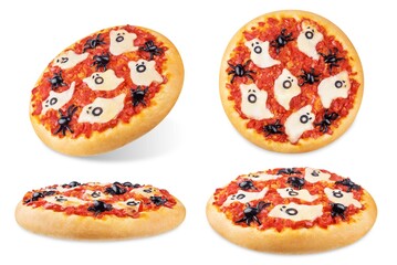 Margarita pizza with black olives in the form of spiders and mozzarella cheese in the form of ghosts for Halloween holidays on a white isolated background
