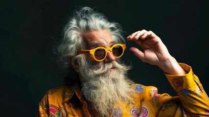 An older man with a long beard wearing colorful clothing, including sunglasses and a vibrant shirt, conveying a bohemian lifestyle or attending an outdoor music festival.