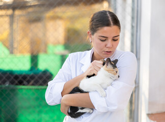 Caring affectionate young female volunteer standing near outdoor kennel at animal shelter, comforting frightened tricolor cat found on street..