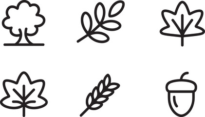 Botanical Icons Set Featuring Trees, Leaves, and Branches in Simple Line Art Style Design