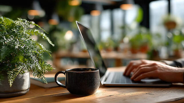 観葉植物とコーヒーカップのあるデスクでノートパソコンを操作する手元