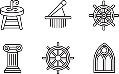 Linear Art Icons Depicting Nautical and Architectural Elements on Transparent Backdrop Vector