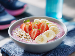 Smoothie bowl with strawberries and bananas topped with oats  A bright berry topped with flax seeds, banana slices, and fresh strawberries. 
breakfast bowls