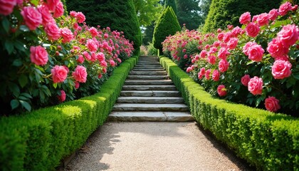 Pathway with stairs leads through a garden. Pink roses bloom on both sides of steps. Green hedges border the path creating scenic landscape. Nature background evokes peace and beauty.