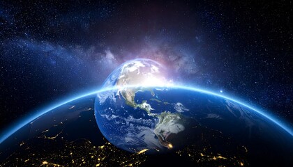 Obraz premium A vibrant, detailed depiction of Earth from space, with the sun rising over the horizon against a starry backdrop