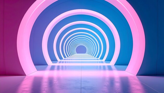 A vibrant, futuristic tunnel with concentric neon rings glowing in pink and blue, leading to a bright light - Powered by Adobe