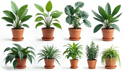 Group of various potted houseplants in terracotta pots against white background. Includes lush green foliage plants like monstera, peace lily, and ferns for home decor.