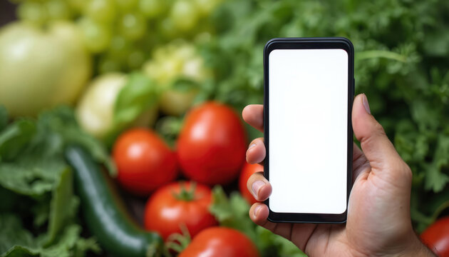 Hand holds modern smartphone with blank white screen near fresh garden vegetables. Use phone for farm apps, recipes, or online grocery shopping. Future of food tech.