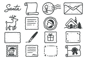 Christmas letter silhouette icon set. featuring santa, scroll, snow globe, deer, envelope, gift, and house