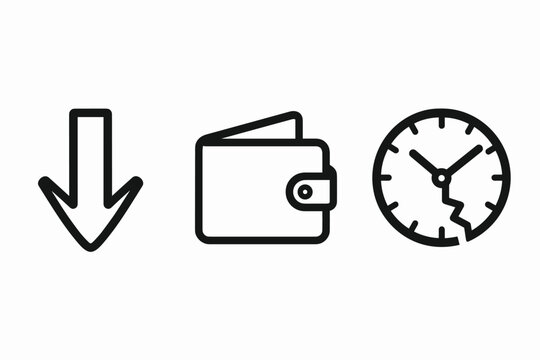 Time management linear icon set. featuring download, wallet, and clock symbols