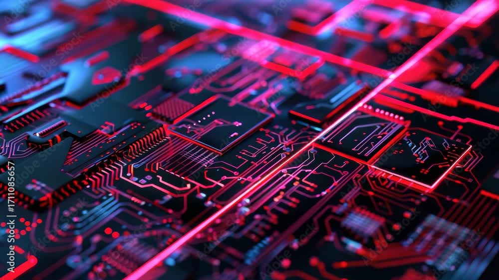 Poster an intricate close-up of a circuit board with vibrant red lights shining through it, representing th