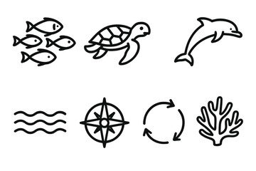 Marine life silhouette icon set. featuring fish, turtle, dolphin, waves, compass, recycling, coral symbols
