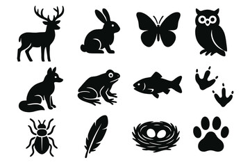 Wildlife silhouette icon set. featuring deer, rabbit, butterfly, owl, fox, frog, fish, bird tracks, insect, feather, nest, paw print
