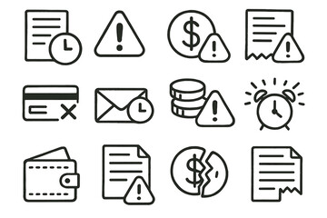 Finance and warning linear icon set. featuring clock, alert, dollar, document, credit card, email, and alarm symbols
