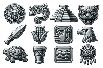 Ancient civilization flat icon set. featuring calendar, dragon, pyramid, jaguar, knife, maize, mask, eagle, turtle, cup, water, dreamcatcher